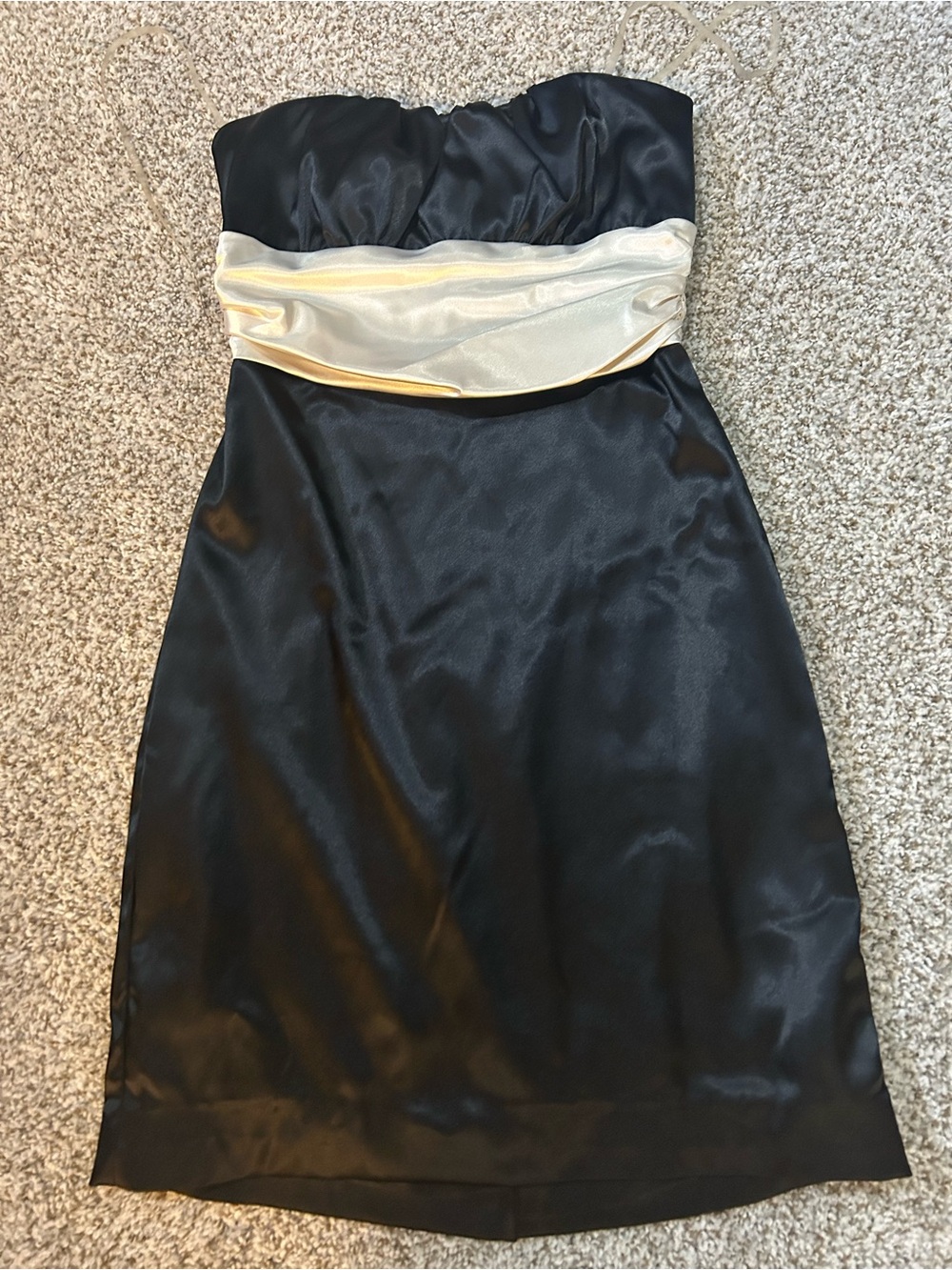 B Darlin Strapless Black Satin Dress with Ivory Waistband